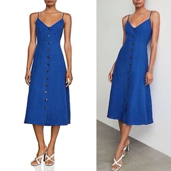 BCBGMaxAzria Sleeveless Linen Button-front Linen Midi Dress Blueb 16 - Picture 7 of 12